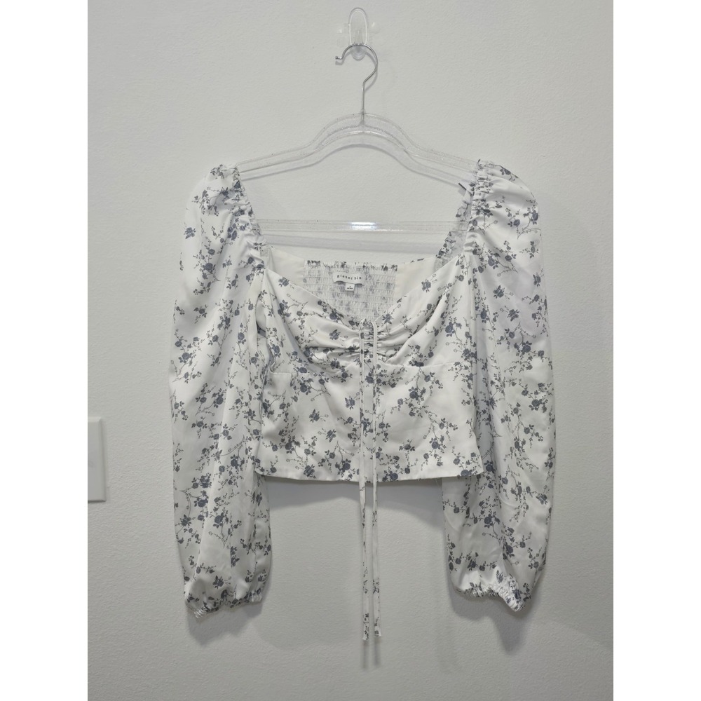 Gianni Bini Size 2 Blue White Floral Crop Top Puff Sleeve Ruched Coquette Blouse